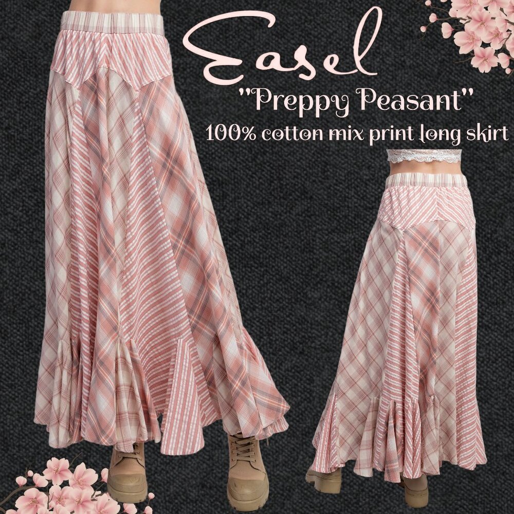 EASEL “Preppy Peasant” Full, Flowy Long Skirt - Plaid & Stripes, Ruffled Hemline